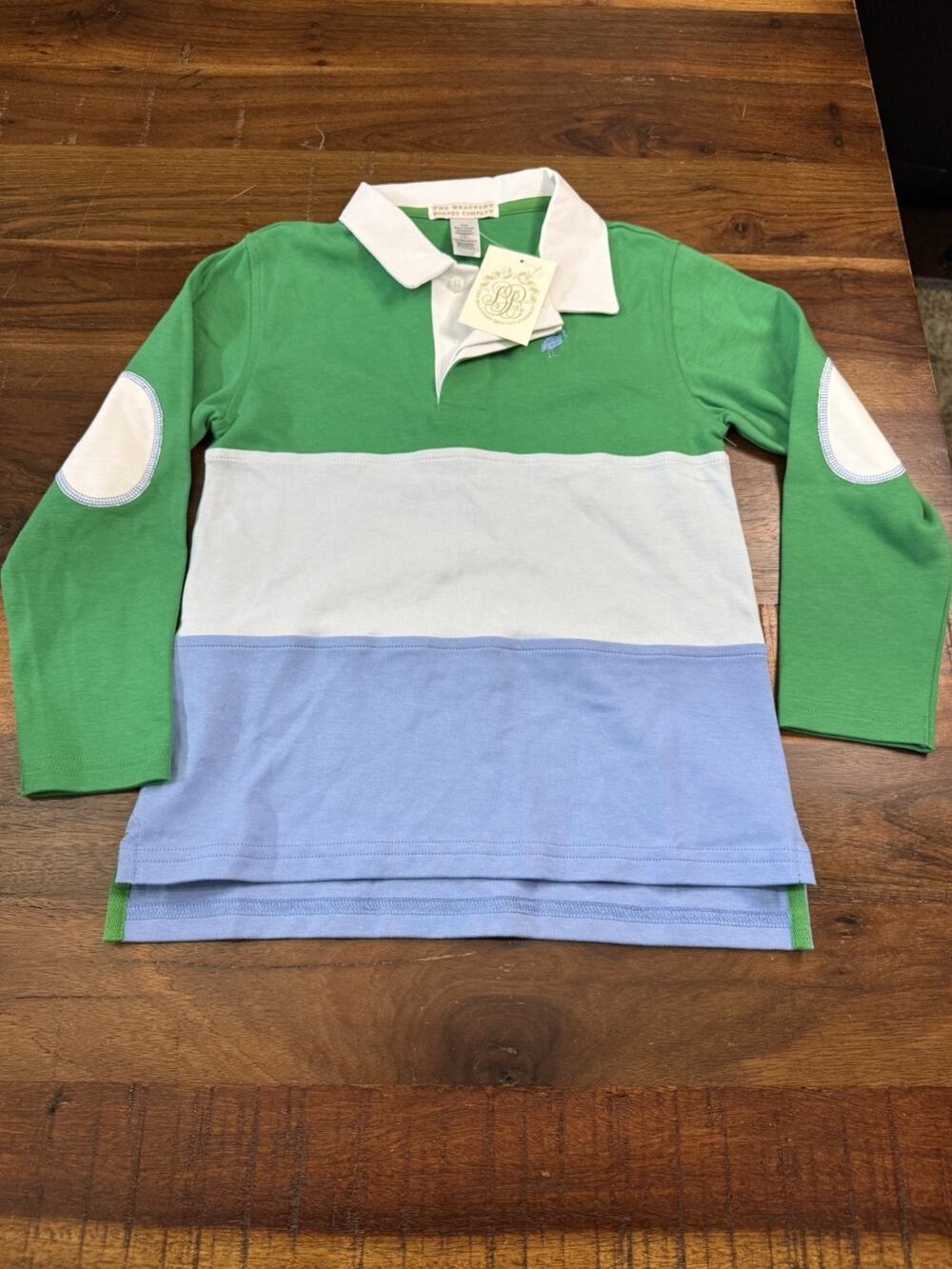The Beaufort Bonnet Company Green, Light Blue & White Rugby Polo Size 7